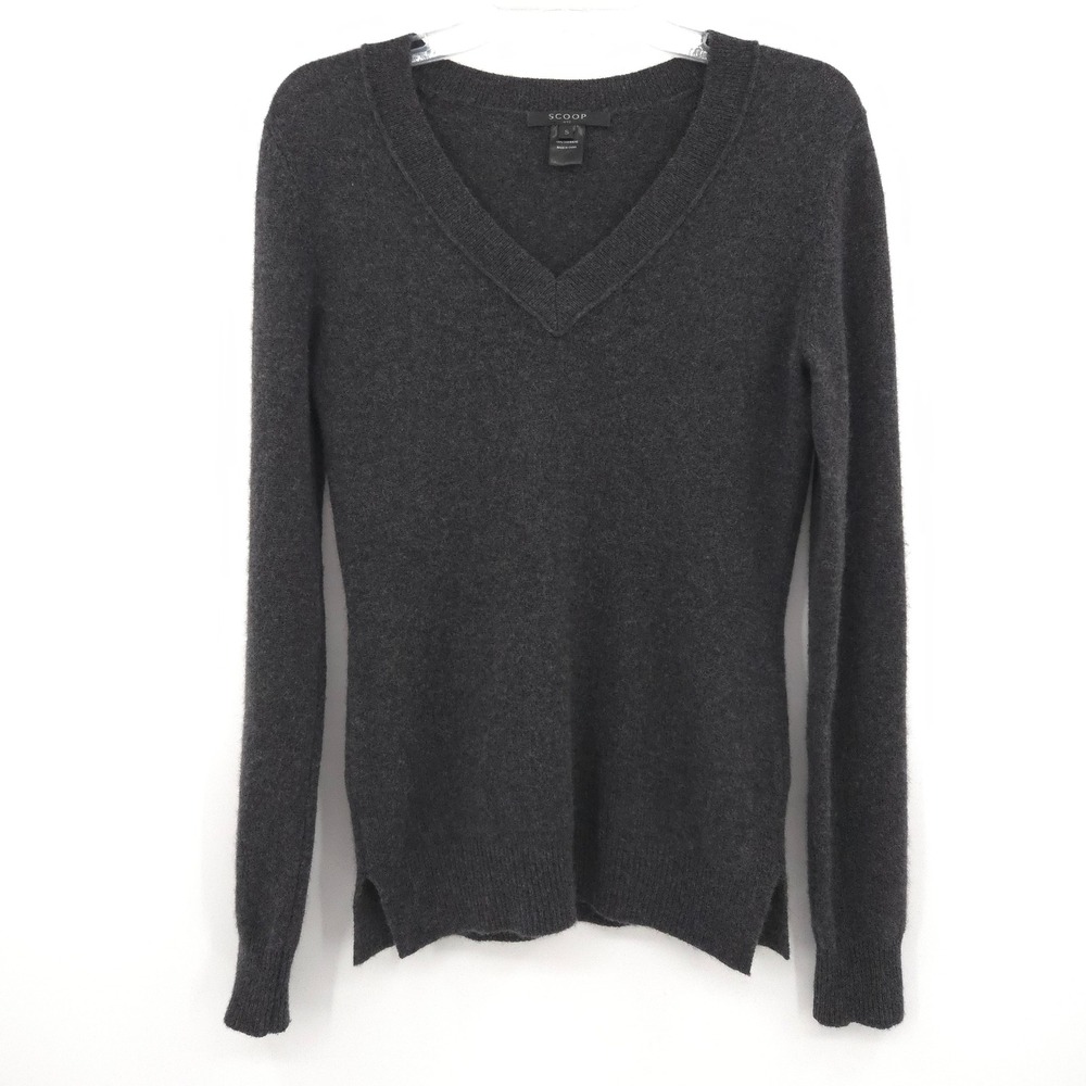 Scoop NYC 100% Cashmere Sweater Women S Gray V-Neck Long Sleeve Side Slits